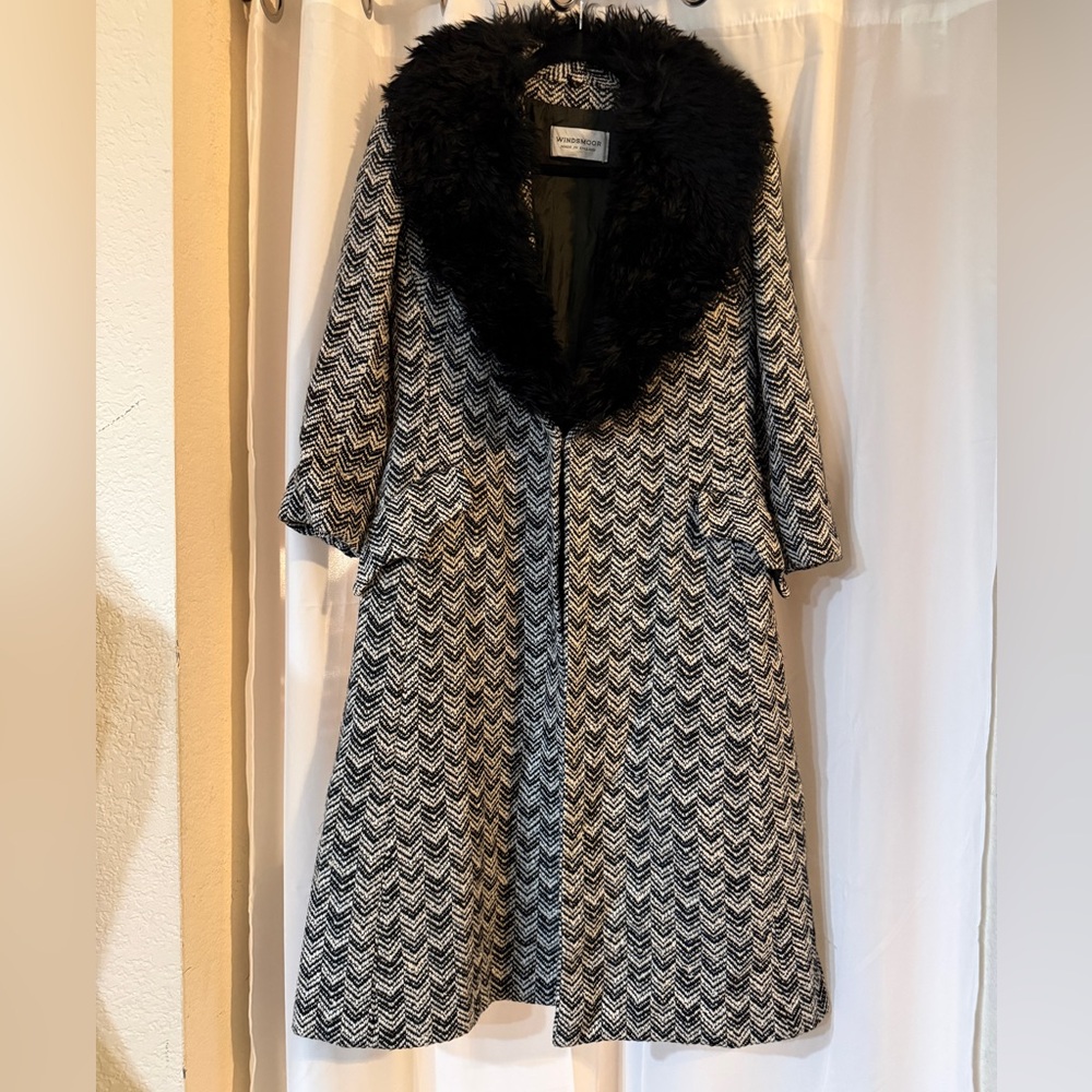Vintage Windsmoor Chevron Wool Coat Faux Fur Collar made in England
